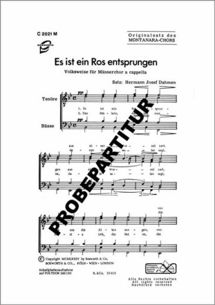 Es ist ein Ros' entsprungen f�r M�nnerchor Singpartitur
