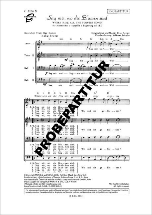 Sag mir, wo die Blumen sind f�r M�nnerchor Singpartitur