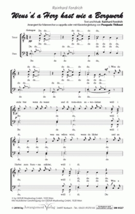 Rainhard Fendrich Weusd a Herz hast wie a Bergwerk (vierstimmig) fr TTBB und Klavier oder a cappella Singpartitur
