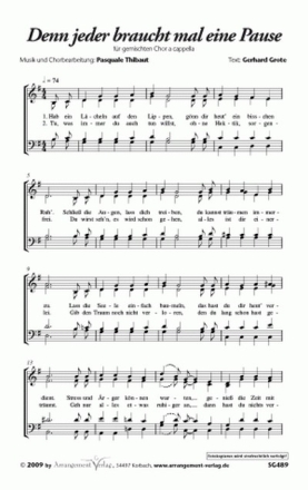 Thibaut/Grote Denn jeder braucht mal eine Pause (vierstimmig) fr SATB (a cappella) Singpartitur