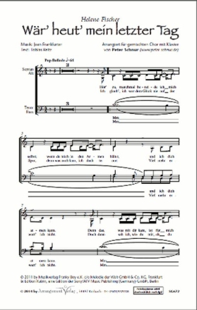 Jean Frankfurter, Tobias Reitz Wr heut mein letzter Tag fr SSA und Klavier Singpartitur