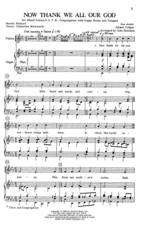 Johann Crueger, Now Thank We All Our God SATB, Congregation, Organ Chorpartitur