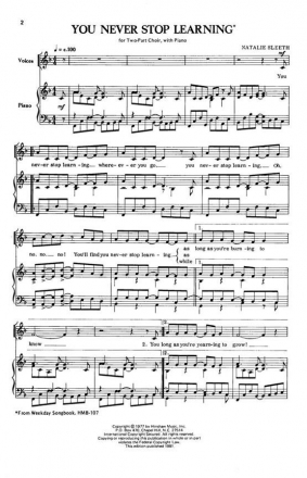 Natalie Sleeth, You Never Stop Learning 2-Part Choir and Piano Chorpartitur