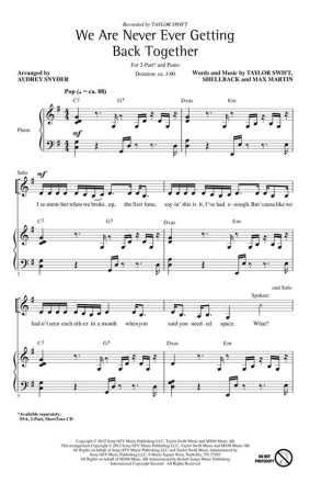 We Are Never Ever Getting Back Tog for 2-part choir and piano choral score