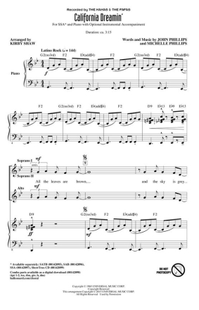 California Dreamin' SSA Chorpartitur