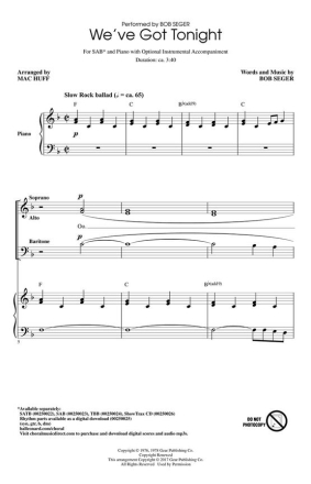 Bob Seger, We've Got Tonight SAB Chorpartitur
