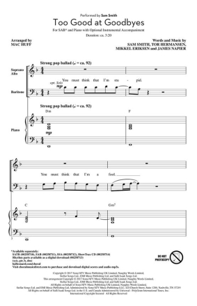 Too Good at Goodbyes for mixed chorus (SAB) and piano vocal score (en)