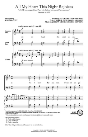 Paul Gerhardt, All My Heart This Night Rejoices SATB a Cappella Chorpartitur