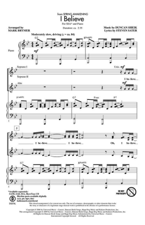 Duncan Sheik, I Believe SSA Chorpartitur