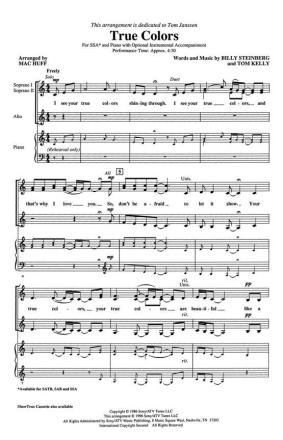 Billy Steinberg_Tom Kelly, True Colors SSA and Piano Chorpartitur
