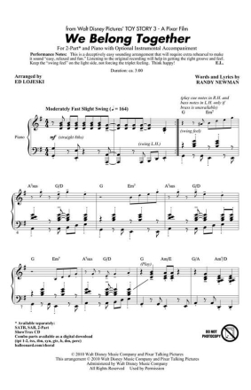 Randy Newman, We Belong Together (from Toy Story 3) SA and Piano Chorpartitur