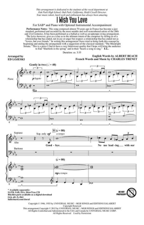 I Wish You Love for mixed choir (SAB) and piano choral score