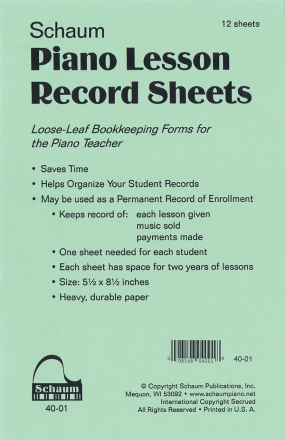 Piano Lesson Record Sheets Klavier Blatt