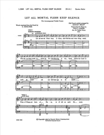 Gustav Holst, Let All Mortal Flesh Keep Silence SSAA, Keyboard or Orch or Brass Quintet, Perc. and Keyboard Chorpartitur