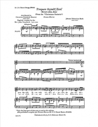 Johann Sebastian Bach, Prepare Thyself, Zion Unison Voices, Keyboard [Organ or Piano] Stimme