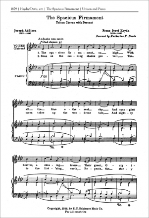 Franz Joseph Haydn, The Spacious Firmament Unison Voices with Descant and Piano Stimme