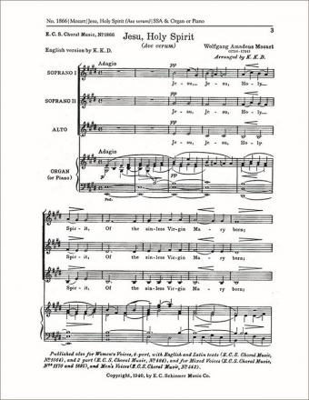 Wolfgang Amadeus Mozart, Jesu, Holy Spirit SSA , Keyboard [Organ or Piano] Stimme