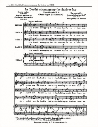 Johann Sebastian Bach, In Death's Strong Grasp the Savior Lay, BWV 4 TTBB a Cappella Stimme