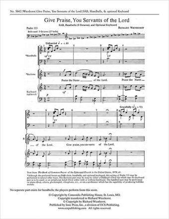 Richard Wienhorst, Give Praise, You Servants of the Lord SAB, Handbells, opt. Keyboard [Organ or Piano] Stimme