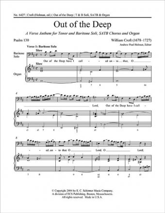 William Croft, Out of the Deep TB soli, SATB and Organ Stimme
