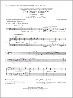 Henry Mollicone, The Dream Goes On: November 4, 2008 SATB and Piano Stimme