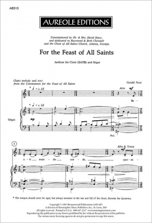 Gerald Near, For the Feast of All Saints Mixed Choir [SATB] and Organ Chorpartitur