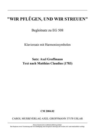 Wir pflgen und wir streuen Begleitsatz fr Tasteninstrumente Klaviersatz mit Harmoniesymbolen