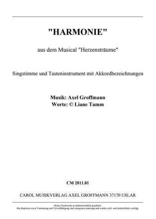 Harmonie Lied aus dem Musical 'Herzenstrume' Singst.+ Tasteninstr. mit Akkordbezeichn.