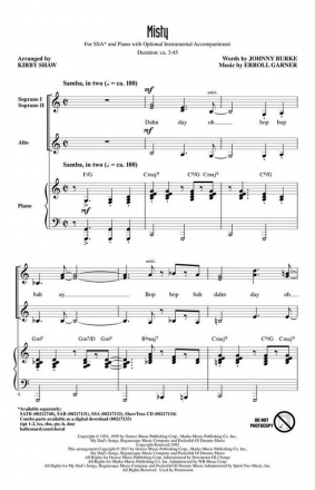 Erroll Garner_Johnny Burke, Misty SSA Chorpartitur