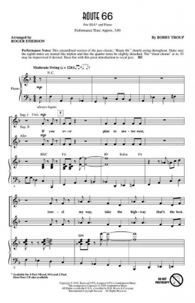 Bobby Troup, Route 66 SSA and Piano Chorpartitur