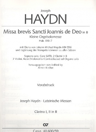 Kleine Orgelsolomesse in B Hob.XXII:7 fr Soli, gem Chor und Orchester Clarino 1/2 (Trompete1/2)