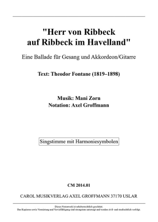 Herr von Ribbeck auf Ribbeck im Havelland f�r Gesang und Akkordeon/Gitarre Singstimme mit Harmonie-Symbolen