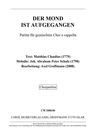Der Mond ist aufgegangen f�r gem Chor a cappella  Partitur