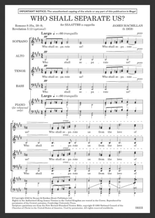 Who shall separate us? for mixed chorus (SSAATTBB) a cappella score
