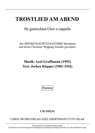 Trostlied am Abend fr gem Chor a cappella Partitur