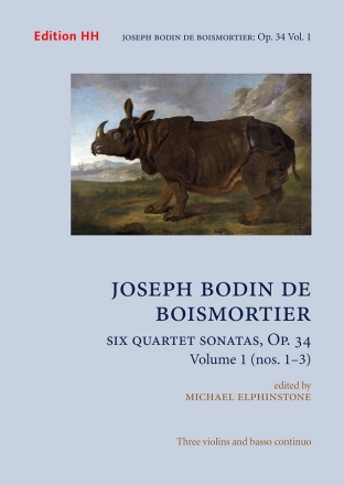 Six quartet sonatas, op.34, vol. 1 three violins & continuo Full score and parts
