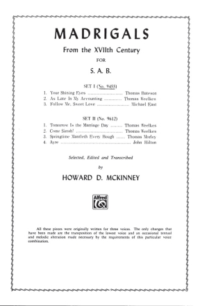 Madrigals, Set I (SAB a cappella) Mixed voices