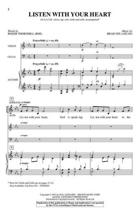 Listen with Your Heart SATB, Violin and Cello Chorpartitur