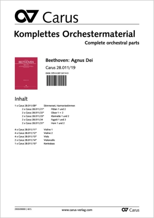 Agnus Dei Soli/Coro SATB, 2 Fl, 2 Ob, 2 Clt, 2 Fg, 2 Cor, 2 Vl, Va, Vc, Cb Stimmenset