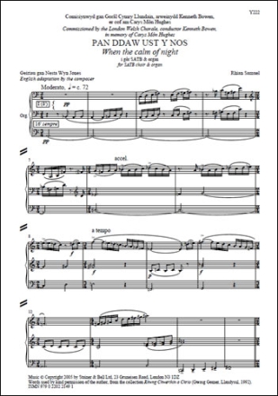 Pan ddaw ust y nos/When the calm of night SATB and organ