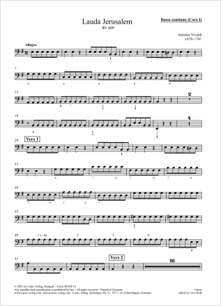 Lauda Jerusalem Coro I: Solo S, Coro SATB, 2 Vl, Va, Bc / Coro II: Solo S, Coro SATB, 2 Vl, Va, Bc Einzelstimme, Coro 1: Basso cont