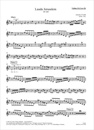 Lauda Jerusalem Coro I: Solo S, Coro SATB, 2 Vl, Va, Bc / Coro II: Solo S, Coro SATB, 2 Vl, Va, Bc Einzelstimme, Coro 2: Violine 2