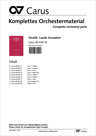 Lauda Jerusalem Coro I: Solo S, Coro SATB, 2 Vl, Va, Bc / Coro II: Solo S, Coro SATB, 2 Vl, Va, Bc Stimmenset
