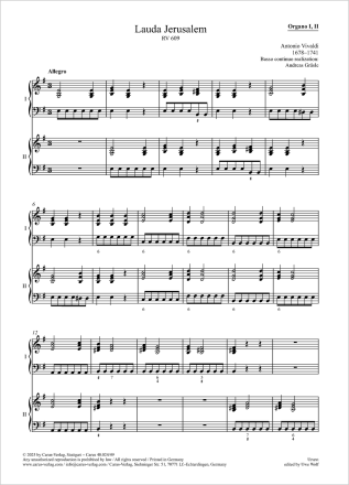 Lauda Jerusalem Coro I: Solo S, Coro SATB, 2 Vl, Va, Bc / Coro II: Solo S, Coro SATB, 2 Vl, Va, Bc Einzelstimme, Orgel 1 und 2