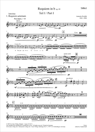 Requiem Soli SATB, Coro SATB, Pic, 2 Fl, 2 Ob, Eh, 2 Clt, BClt, 2 Fg, Cfg, 4 Cor, 2 Tr, 2 Tr di lontano, 3 T Einzelstimme, Violine 1