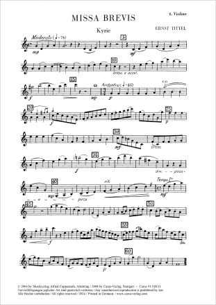 Missa brevis Coro SATB, Org, [2 Clt, 2 Tr, Timp, 2 Vl, Vc] Einzelstimme, Violine 1