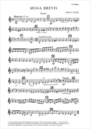 Missa brevis Coro SATB, Org, [2 Clt, 2 Tr, Timp, 2 Vl, Vc] Einzelstimme, Violine 2