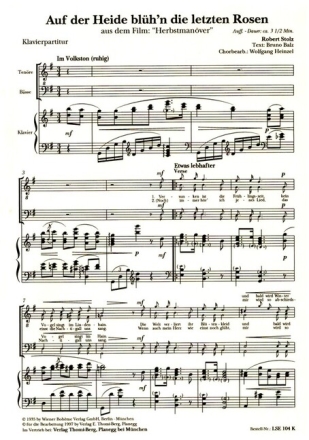 Auf der Heide bl�hn die letzten Rosen f�r M�nnerchor und Klavier Partitur