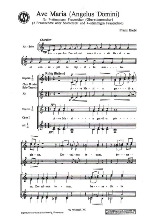 Ave Maria (Angelus Domini) f�r Frauenchor (7-stimmig) (3 Soli und Frauenchor) a cappella Partitur