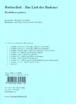 Badner Lied - Das Lied der Badener f�r 5 Blechbl�ser (Ensemble) Partitur und Stimmen